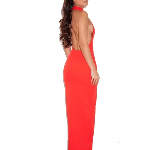 House of CB: Turia Red Thigh Split Halter Dress - Picture 4 of 4